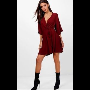 Wrap Front Belted Wide Sleeve Dress